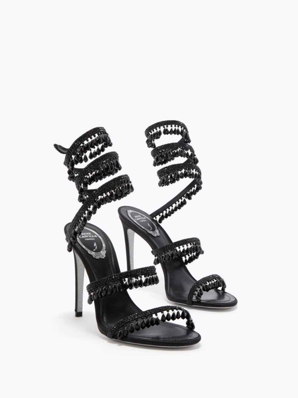 René Caovilla Chandelier Black Beaded Spiral-Strap Sandals